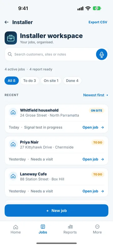 Installer workspace listing customer jobs by status, with search and a New job button