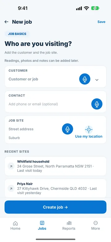 New job form for the customer, contact details and job site, with dictation and Use my location