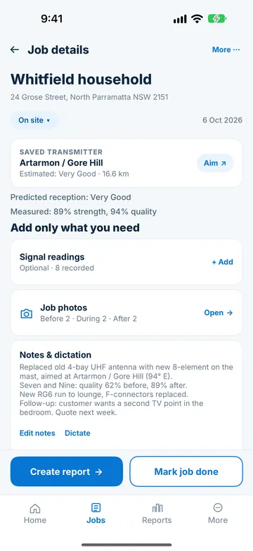Installer job details with the saved transmitter, predicted and measured reception, readings, photos and notes