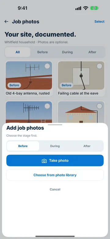 Add job photos by stage, from the camera or photo library