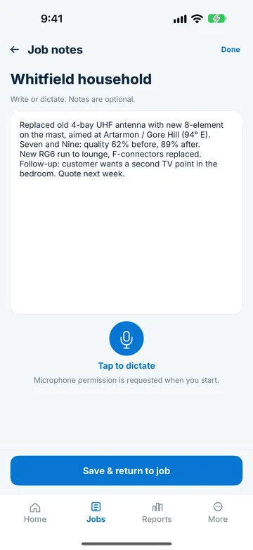 Job notes for a customer visit with tap-to-dictate voice input