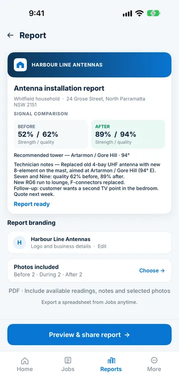 Client-ready antenna installation report with business branding, before and after signal comparison and technician notes