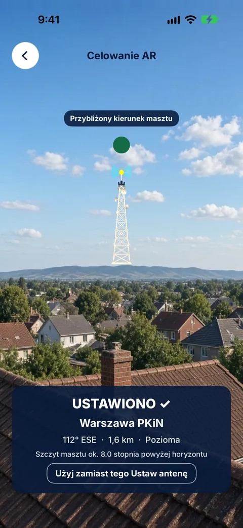 Celowanie w AR w Tower Aim, ustawione na nadajnik Warszawa PKiN na 112° ESE, 1,6 km, polaryzacja pozioma