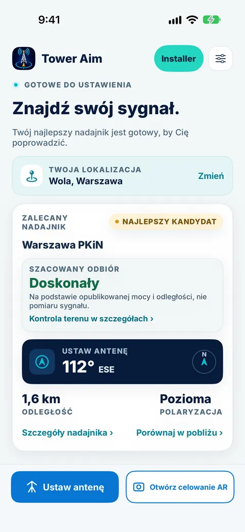 Ekran główny Tower Aim dla warszawskiej Woli poleca nadajnik Warszawa PKiN z doskonałym szacowanym odbiorem, kierunkiem anteny 112° ESE, w odległości 1,6 km i z polaryzacją poziomą
