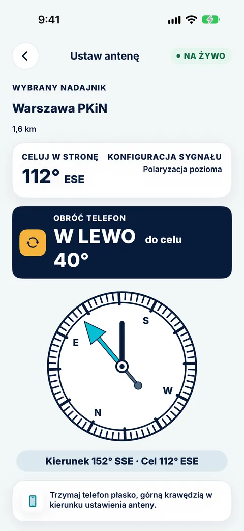 Kompas Ustaw antenę w Tower Aim dla nadajnika Warszawa PKiN wskazuje obrót telefonu o 40° w lewo do celu 112° ESE, z polaryzacją poziomą