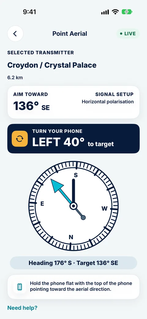 Tower Aim Point aerial compass telling you to turn the phone 40° left toward the Croydon / Crystal Palace transmitter, target 136° SE