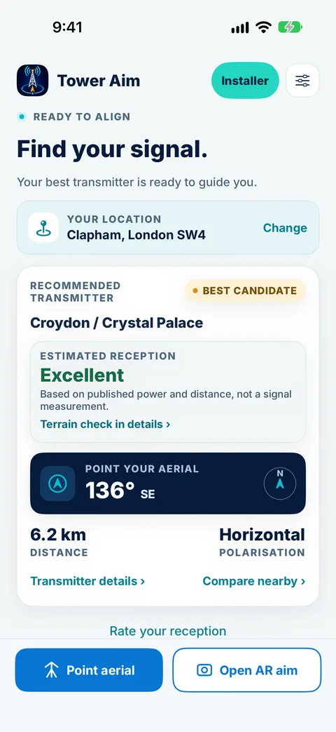 Tower Aim home screen for Clapham Common, London, recommending the Croydon / Crystal Palace transmitter with Excellent estimated reception, an aerial bearing of 136° SE, 6.2 km away and horizontal polarisation