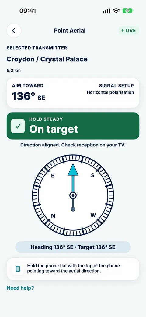 Tower Aim Point aerial screen on target for Croydon / Crystal Palace at 136° SE, with horizontal polarisation and the compass arrow aligned