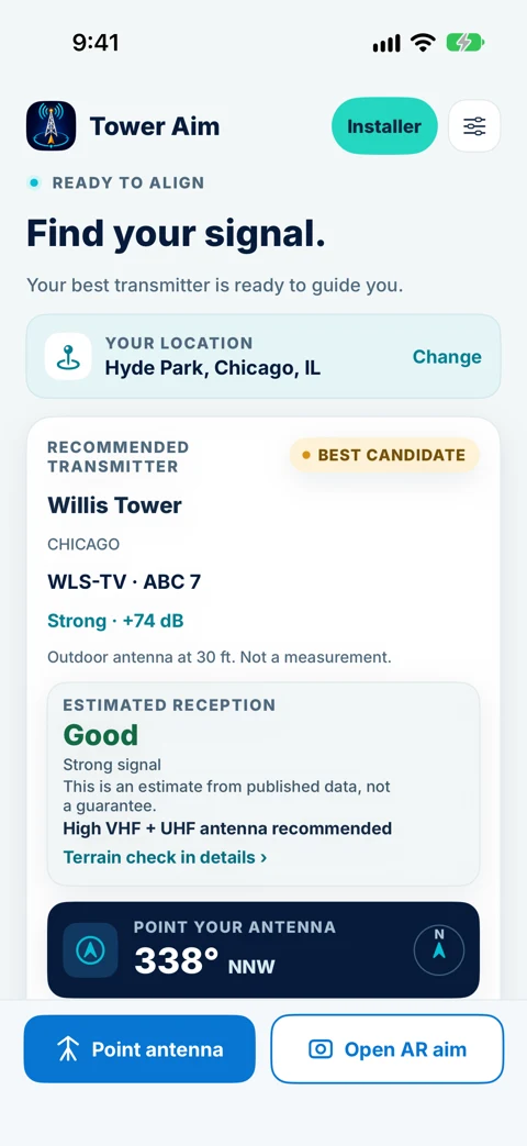 Tower Aim home screen in Hyde Park, Chicago, recommending the Willis Tower for WLS-TV ABC 7, with a predicted signal in dB, estimated reception of Good, the antenna type for the band and a bearing of 338° NNW