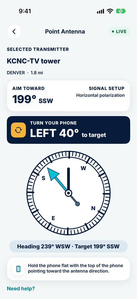 Tower Aim Point Antenna screen telling you to turn your phone left 40° toward the KCNC-TV tower in Denver